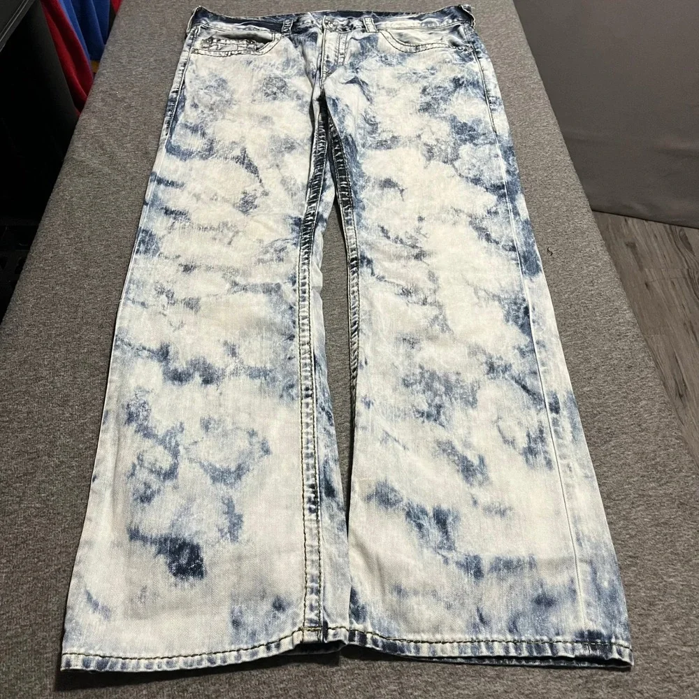 True Religion Mens Section Straight Acid Wash Cloud Blue White Jeans Size 38
